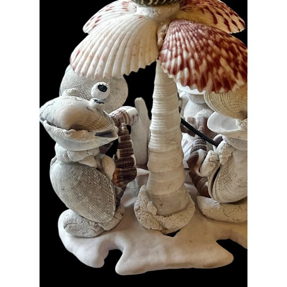 Handcrafted Shell Turtle Musician Figurines Under Palm Tree 4" T Vintage - Picture 8 of 14